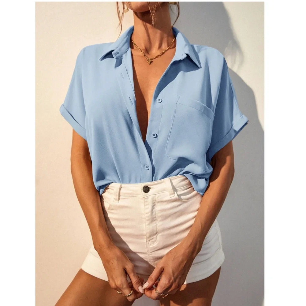 Baby Blue Casual Button Up / Down Shirt Collar, V-Neck Button Front Short Sleeve - Picture 8 of 9